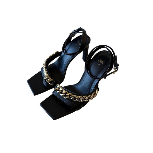 Zara Size 37 Strappy Square Toe Black Leather Sandal Gold Chain Heel Ankle Strap - Picture 7 of 12